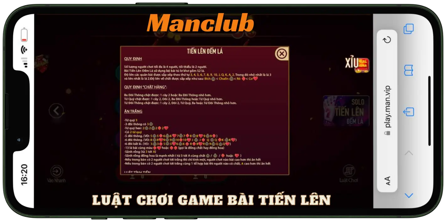 luật chơi game bài tiến lên manclub